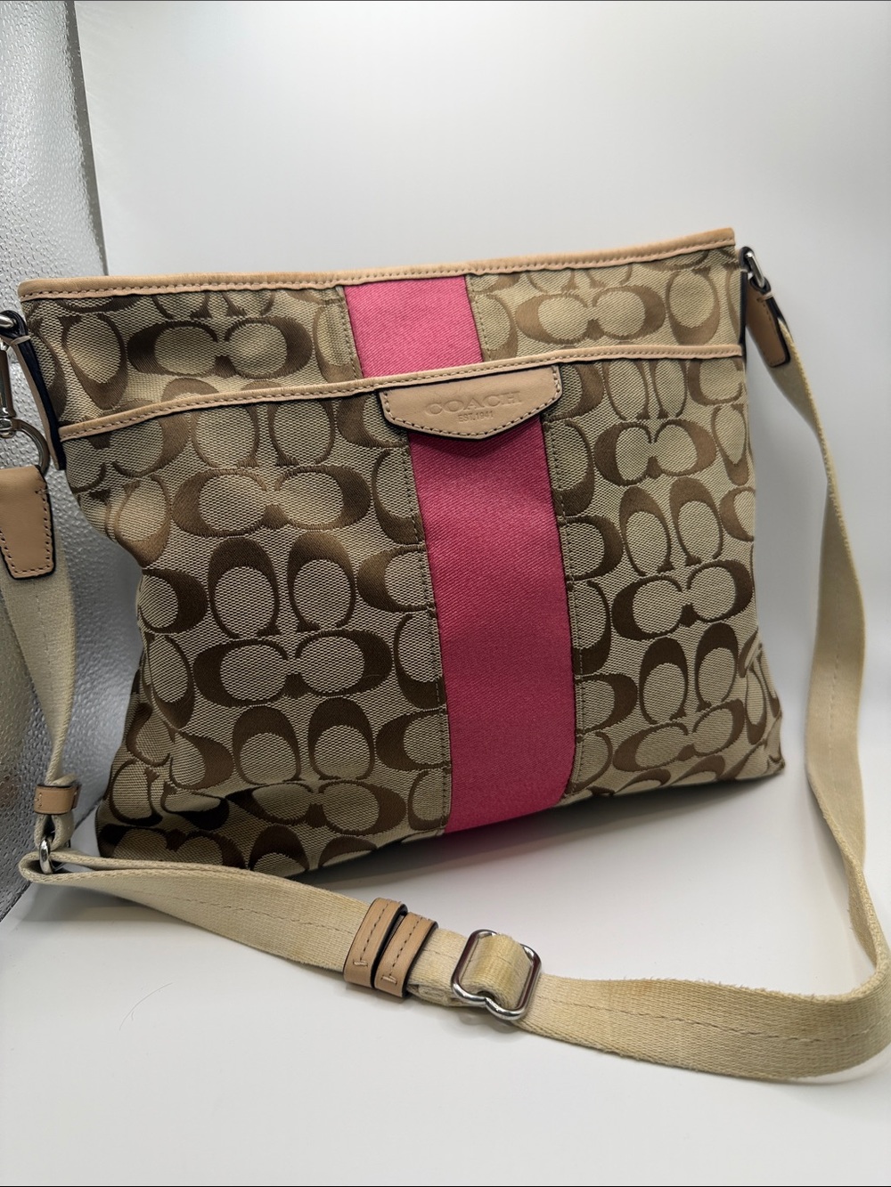 Coach Beige Signature Crossbody with Jacquard print material & Pink Stripe